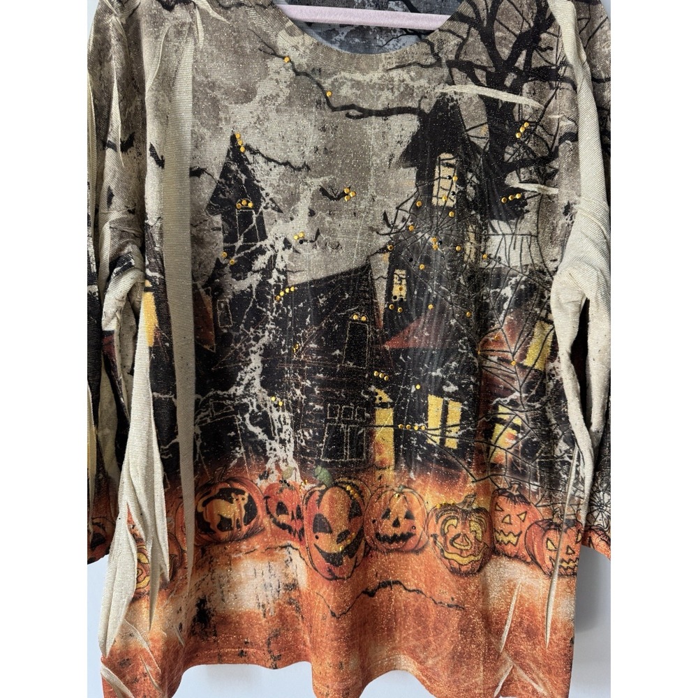 Vtg Y2K  Sparkly Halloween Spooky Haunted House Pumpkin Sparkly 3/4 Sleeve 1X 2X - Picture 2 of 10